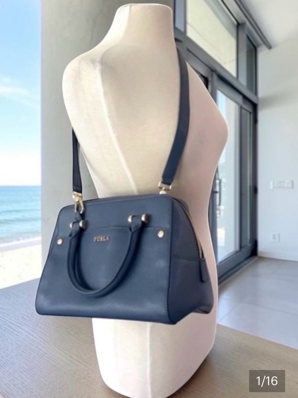 Furla blue leather crossbody satchel bag